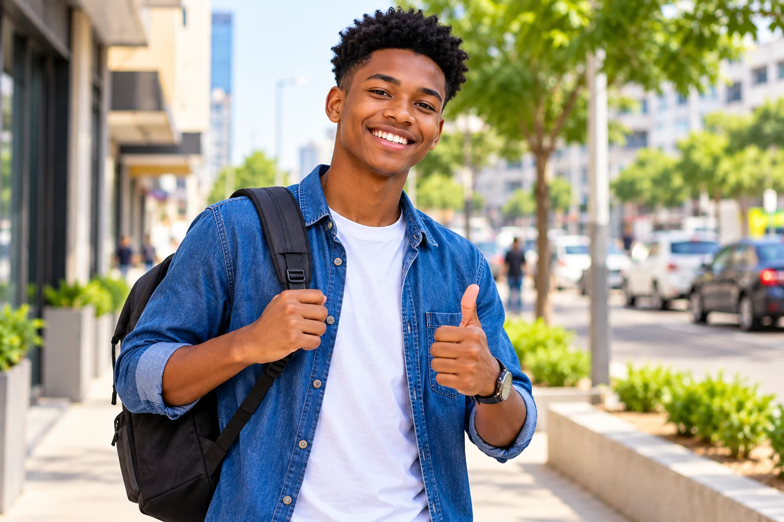 Jovem sorridente com mochila